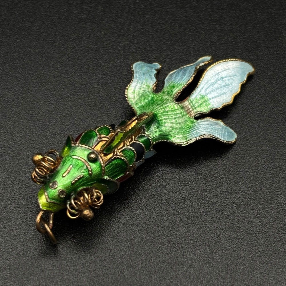 Vintage Cloisonne Koi Fish Pendant Green Blue Enamel Articulated 2 Inch